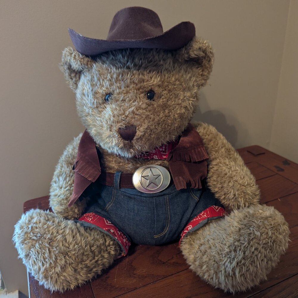 VINTAGE SNUGGIE Toy Cowboy Western Teddy Bear Plush 16" Hat Belt Jeans Vest